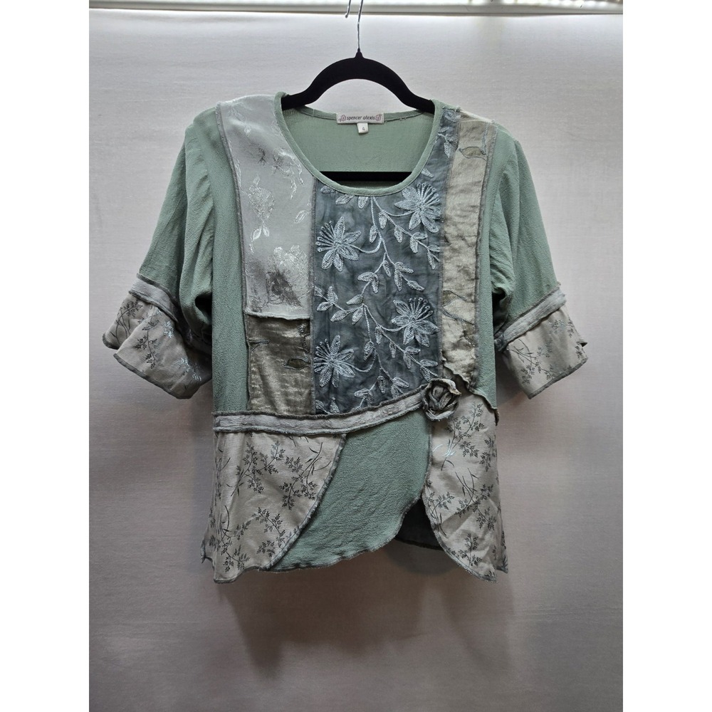 Spencer Alexis Vintage Art To Wear Patchwork Blouse Green Silk Embroidery Sz 4
